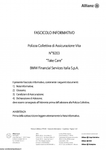 Allianz - Take Care Bmw Financial Services Fascicolo Informativo Polizza Collettiva Assicurazione Vita - Modello 9203 Edizione 01-04-2011 [18P]