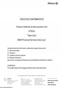 Allianz - Take Care Bmw Financial Services Fascicolo Informativo Polizza Collettiva Assicurazione Vita - Modello 9343 Edizione 01-07-2011 [16P]