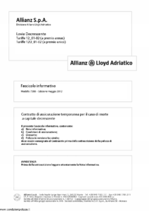 Allianz Lloyd Adriatico - Lovia Decrescente Tariffe 12-01-02 E 12U-01-02 - Modello 7380 Edizione 05-2012 [26P]