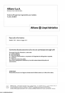 Allianz Lloyd Adriatico - Sistema Risparmio Capitalesicuro Cedola Tariffa 38Ur07 - Modello 7385 Edizione 05-2012 [34P] 