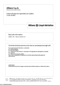 Allianz Lloyd Adriatico - Sistema Risparmio Capitalesicuro Cedola Tariffa 38Ur07 - Modello 7385 Edizione 12-2011 [40P]