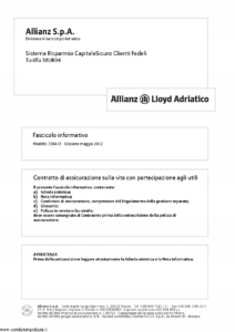 Allianz Lloyd Adriatico - Sistema Risparmio Capitalesicuro Clienti Fedeli Tariffa 38Ur04 - Modello 7384-cf Edizione 05-2012 [34P] 