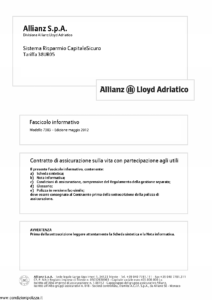 Allianz Lloyd Adriatico - Sistema Risparmio Capitalesicuro Tariffa 38Ur05 - Modello 7383 Edizione 05-2012 [34P] 