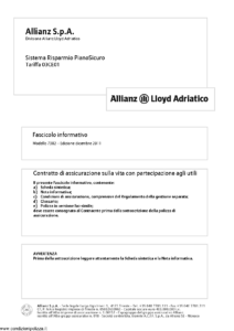 Allianz Lloyd Adriatico - Sistema Risparmio Pianosicuro Tariffa 03Ce01 - Modello 7382 Edizione 12-2011 [42P]