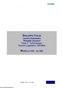 Assitalia - Sviluppo Italia Lavoro Autonomo Prestito D'Onore - Modello 12301 Edizione 2003 [18P]