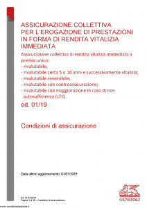 Generali - Assicurazione Collettiva Erogazione Prestazioni In Forma Rendita Vitalizia - Modello nd Edizione 01-01-2019 [12P]