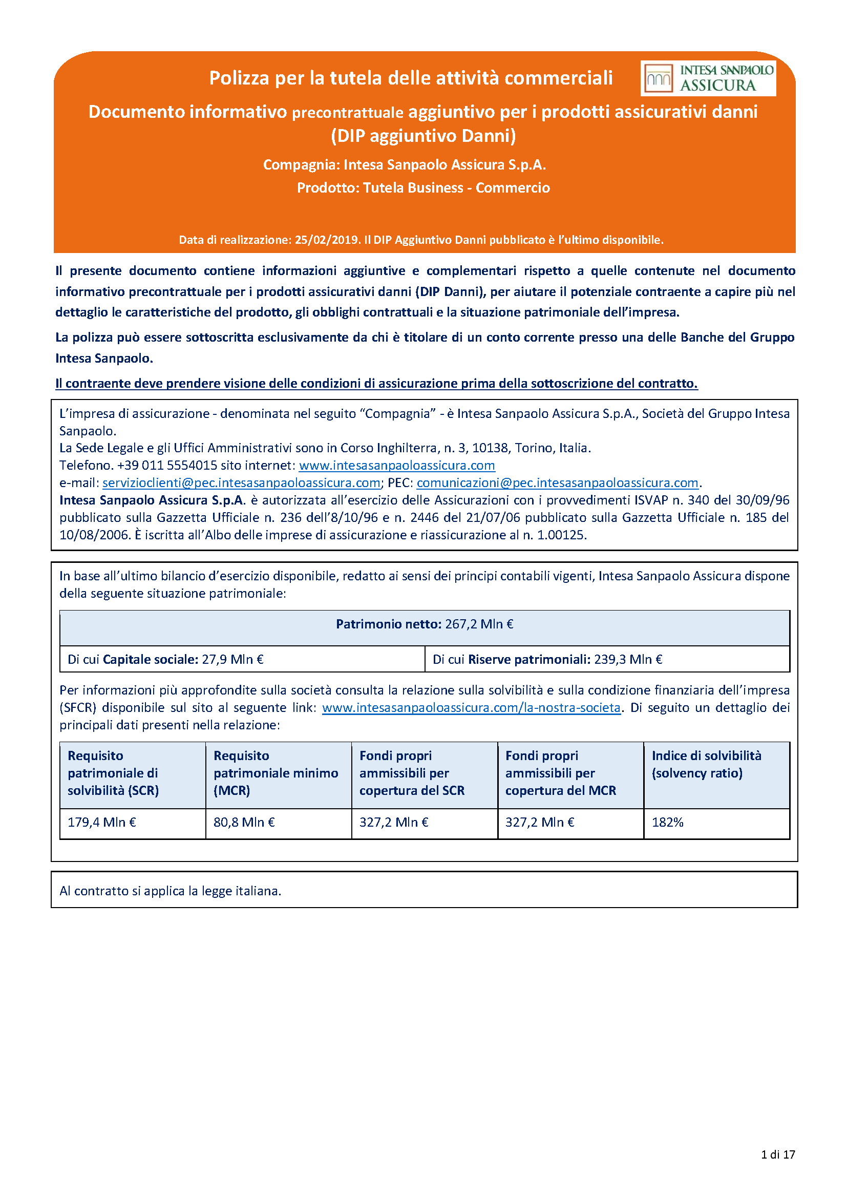 Intesa Sanpaolo Assicura Tutela Business Commercio Modello nd Edizione 25 02 2019 17P Condizioni Polizza