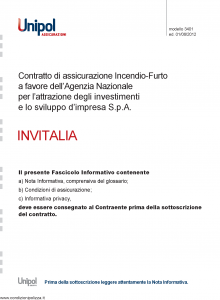 Unipol - Invitalia Assicurazione Incendio Furto A Favore Agenzia Nazionale - Modello 3401 Edizione 01-06-2012 [24P]